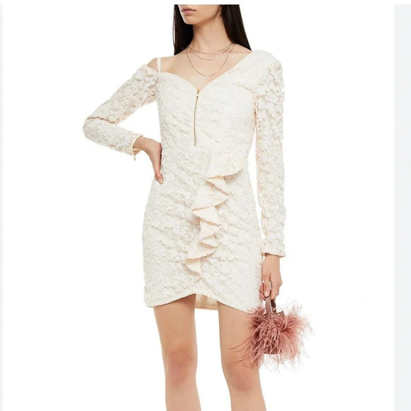 NWT Self-Portrait Sequin Ruffle Mini Dress Ivory White Size 6 - Picture 1 of 16